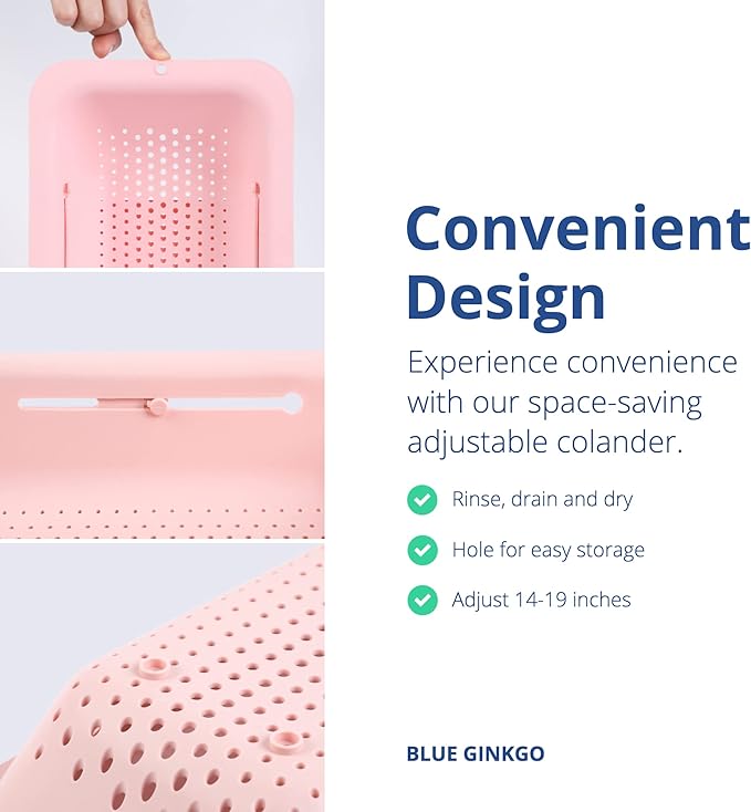 BLUE GINKGO Over the Sink Colander Strainer Basket - Wash Vegetables and Fruits, Drain Cooked Pasta and Dry Dishes - Extendable - New Home Kitchen Essentials (Pink, 2 Pack)