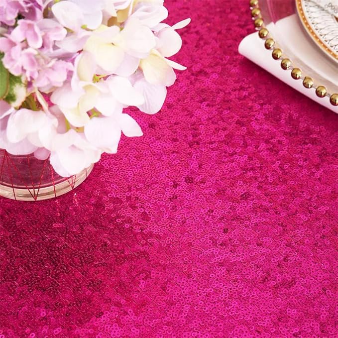 Eternal Beauty Hot Pink Tablecloth, 90x132 Inch Sequin Rectangle Table Cover for Valentines Cake Dessert Exhibition Party Birthday Events