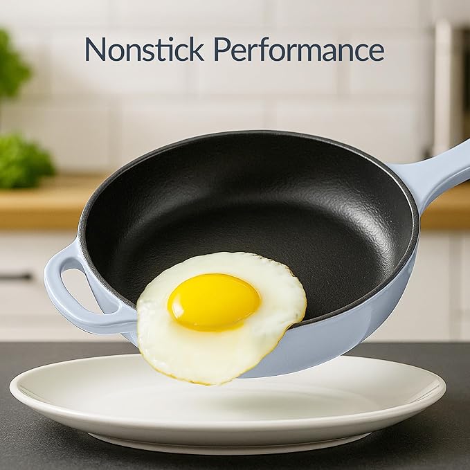 Best Choice Products Non-Stick Pot & Pan Cookware Set, Cast Iron, 2Qt Skillet W/Lid, 10" Grill Or Griddle Pan W/Press, 6Qt Enameled Dutch Oven, Non-toxic, For Cooking & Grilling - Cornflower