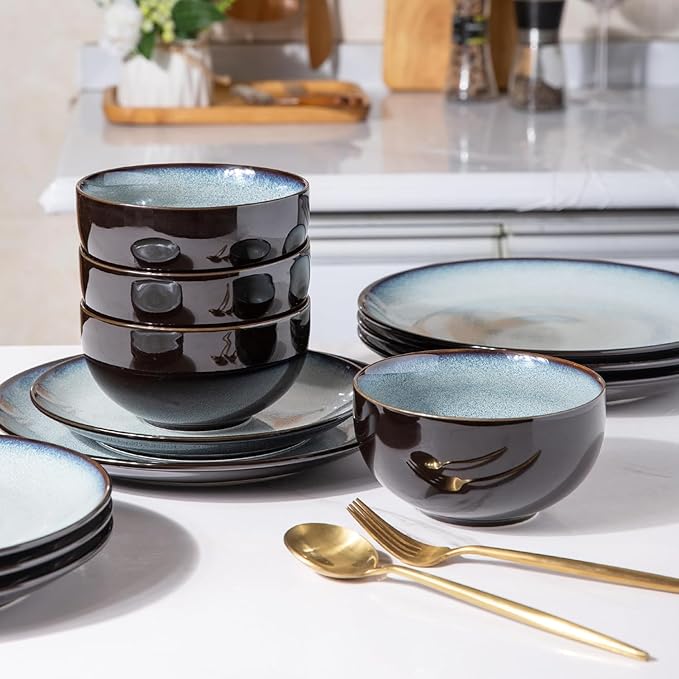 LeRatio Ceramic Dinnerware Sets for 6,Stoneware Plates and Bowls Sets,Handmade Reactive Glaze Dishes Set,Chip Resistant and Scratch Resistant | Oven&Dishwasher & Microwave Safe-Gray White(18PCS)
