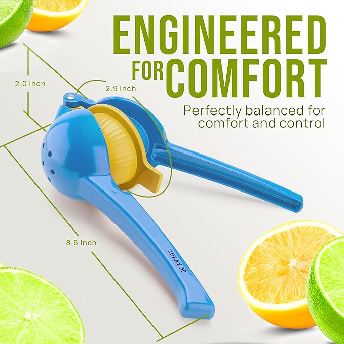 Zulay Kitchen Metal 2-in-1 Lemon Squeezer - Sturdy Max Extraction Hand Juicer Lemon Squeezer Gets Every Last Drop - Easy to Clean Manual Citrus Juicer - Easy-Use Lemon Juicer Squeezer - Blue/Yellow