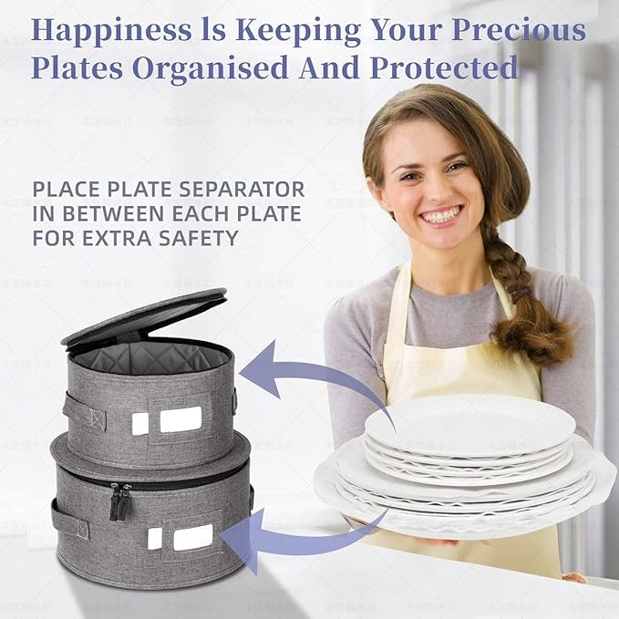 LUXULA China Storage Containers for 12 Place Setting with Two Plate Bags, 5 Pcs Hard Shell Quilted China Storage Cases for Dinner Plates, Salad Plates, Dessert Plates, Saucers, Cups & Mug Storage