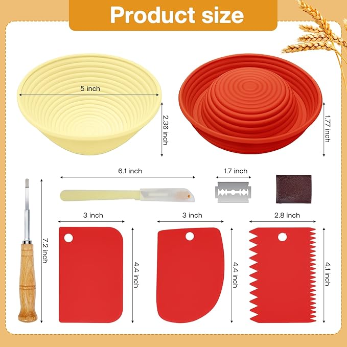 Silicone Banneton, Sourdough Bread Baskets (Set of 6, 5 Inch), Round Proofing Bread Bowls with Starter Kit, Bread Making Baking Supplies