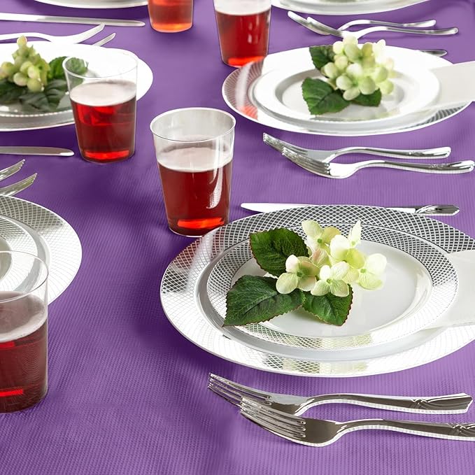 PARTY BARGAINS Disposable Table Covers, 54 x 108 Inch, Purple, 3-Ply Paper & Plastic Spill-Resistant Party Tablecloths, 5 Pack
