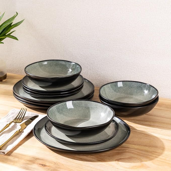 AmorArc Ceramic Dinnerware Sets,Handmade Reactive Glaze Stoneware Plates and Bowls Set,Highly Chip and Crack Resistant | Dishwasher & Microwave Safe Dishes Set,Service for 4 (12pc)