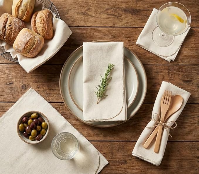 Lightnpro Cotton Flax Napkins Set of 12, Dinner Cloth Napkins with Pico Cut Edges, Washable and Reusable for Dining, Parties, Weddings, Holiday & Everyday Use - 18x18 Inch Natural Color