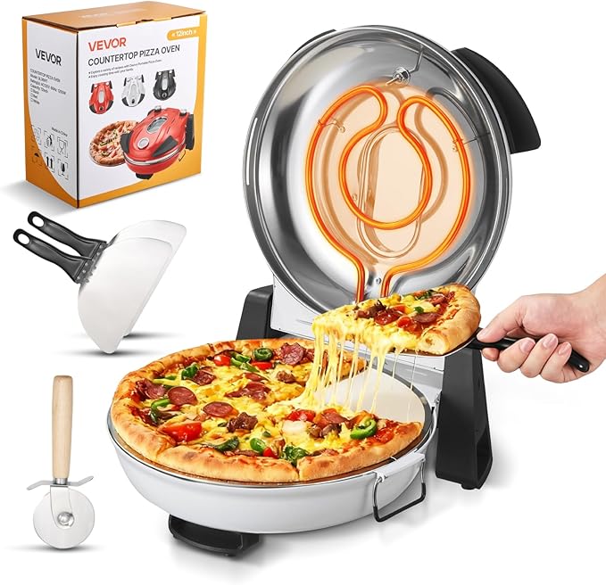 VEVOR Pizza Oven, 12 in Electric Pizza Maker, 1200W Electric Pizzas Cooker with Cordierite Stone, 5-Mode Temperature Control, Viewing Window for Precise Cooking, Heats up to 788 ˚F, for Home (White)