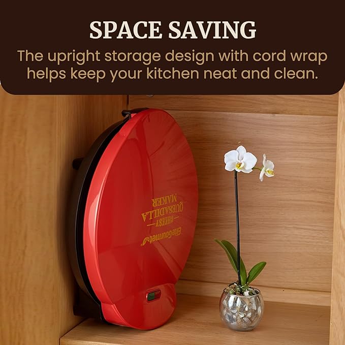 Elite Gourmet 11" Cheesy Quesadilla Maker, 2-Position Locking Latch For Extra Stuffing, Easy-Slice 6-Wedge, Red