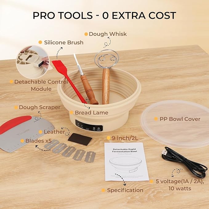 Electric Sourdough Starter Kit with 6-Temp (77-122℉) Control & Timer - 9" Foldable Sourdough Bread Baking Supplies & Dough Warmer - Complete Banneton Bread Proofing Basket Set for Artisan Home Bakers