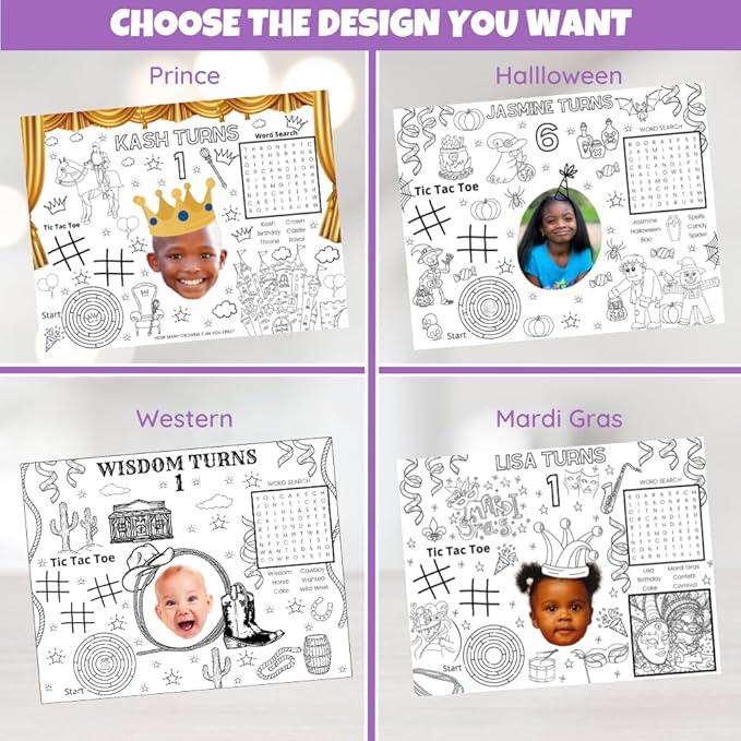 Custom Coloring Placemat Activity Sheets, Personalized Birthday Party Favors for Childrens Table Decorations, Set of 12 Coloring Pages
