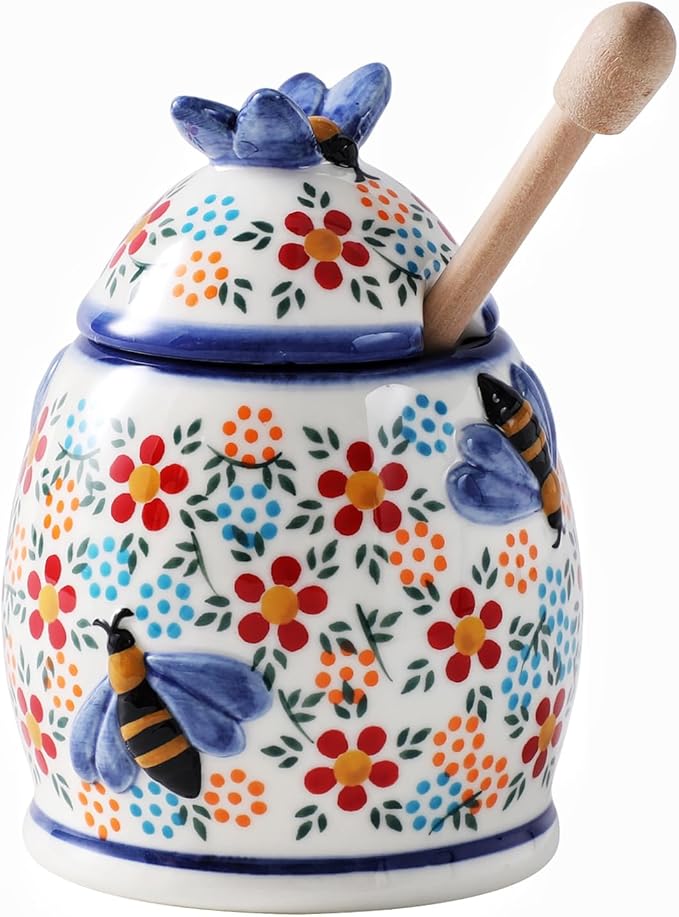 ZOOBEE 10oz Honey Jar with Dipper and Lid Farmhouse Style,Honey Pot with Dipper, Handpainted Honey Pot with Bees,Easily Wash-Spring Delight