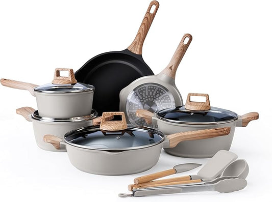 Country Kitchen Pots and Pans Set Nonstick, Cast Aluminum Kitchen Cookware Set with Utensils, 14 Pcs Non Stick Cooking Set w/Frying Pans & Saucepans, Grey