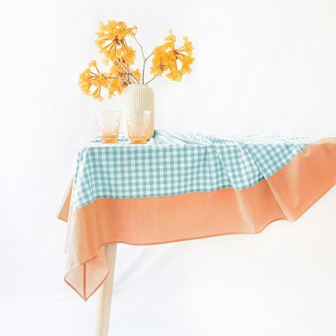 MONDAY MOOSE Gingham Checkered Farmhouse Rustic Picnic Style Decoration Rectangle Natural Stonewashed Cotton Tablecloth for Kitchen, Dining Room, Restaurant (55x70 inch, Teal/Orange)