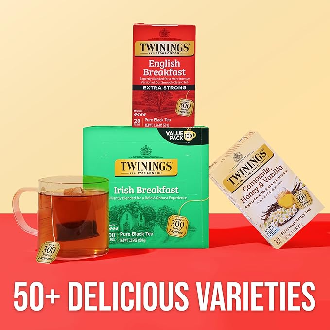 Twinings Extra Strong English Breakfast Black Tea Individually Wrapped Bags, 20 Count (Pack of 6), Robust, Caffeinated, Enjoy Hot or Iced, 120 Teabags