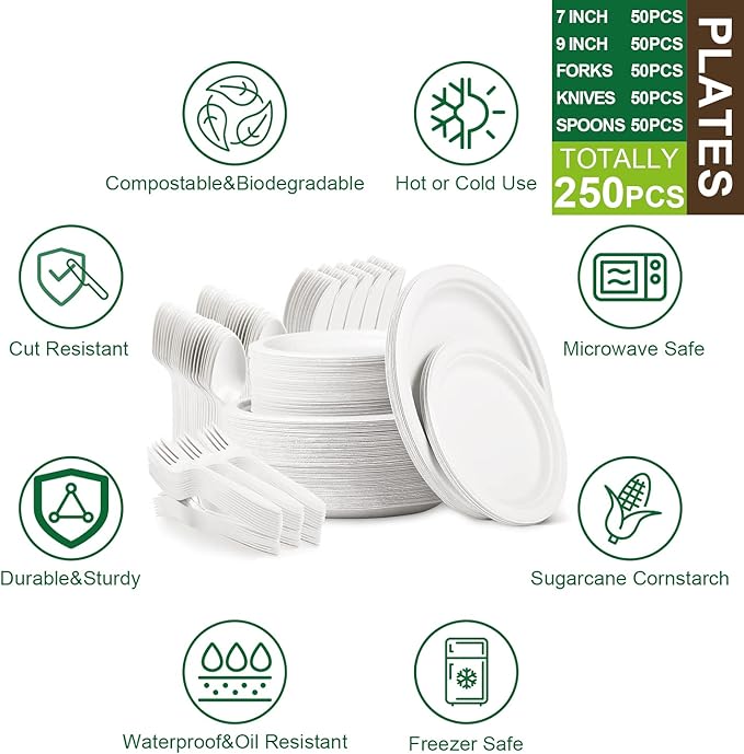 Jeopace Eco Paper Plates Set, 250PCS - 9 & 7 Inch Sugarcane Bagasse Biodegradable Plates, Cornstarch Cutlery for 50 People (White)