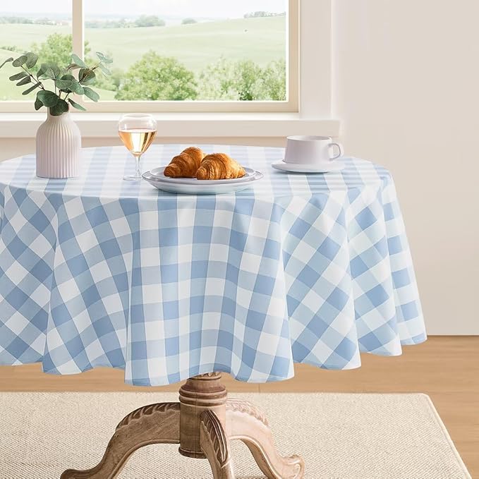 Checkered Tablecloth Rectangle Gingham Table Cloths Waterproof Wrinkle Free Buffalo Plaid Table Covers Washable for Dining, Parties & Outdoor Picnic(Light Blue,60" Round)
