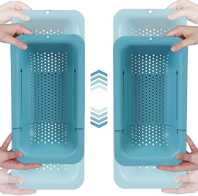 BLUE GINKGO Over the Sink Colander Strainer Basket - Wash Vegetables and Fruits, Drain Cooked Pasta and Dry Dishes - Extendable - New Home Kitchen Essentials (Green, 2 Pack)