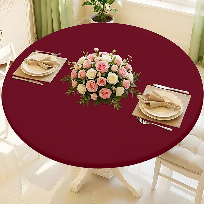 Round Spandex Tablecloth, Elastic Fitted Waterproof Tablecloths for 45"-56" Tables, Stretch Washable Picnic Table Cover for Camping, Dining, Indoor and Outdoor, Wine Red