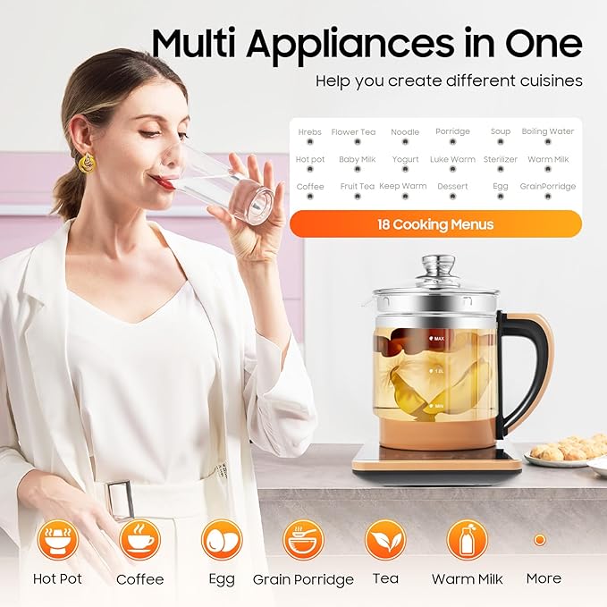 Electric Glass Kettle Kit, 1.8L Glass Hot Boiler With Digital Base, 800W Temperature Control Electric Kettle with Steamed Eggs Holder Hfor Boiling Water, Tea, Coffee