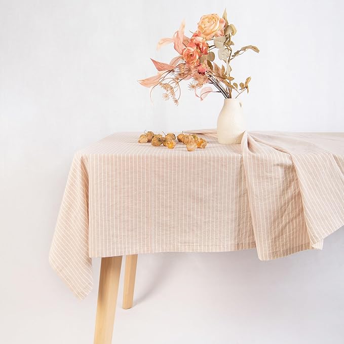 MONDAY MOOSE Striped Farmhouse Picnic Style Decoration Rectangle Natural Stonewashed Cotton Tablecloth for Kitchen, Dining Room, Restaurant (55x70 inch, Beige/White Stripes)