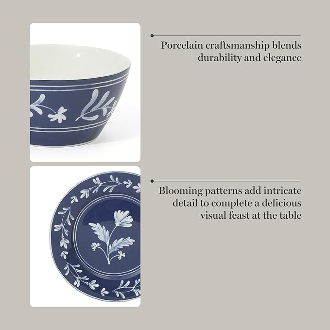 Martha Stewart Maiden Crown 12-Piece Sky Blue Dinnerware Set – New Bone China Ceramic Plates & Bowls – Floral Design – Service for 4 – Microwave & Dishwasher Safe