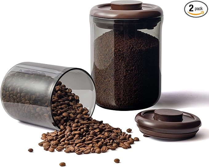 Amber Glass Coffee Canister 2-Pack with Pop Lid & 1-Way Valve - Airtight Container with UV Protection to Lock in Freshness - Storage for Coffee Beans, Ground Coffee & Dry Food, 11OZ
