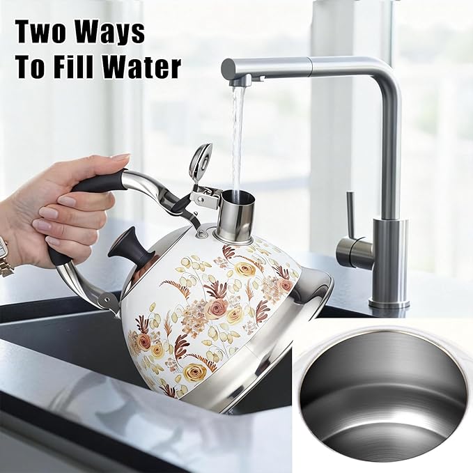 Stainless Steel Whistling Tea Kettle Stovetop - 3.1QT Tea Pot for Stove Top, Vintage Floral Print, Foldable Handle, 304 Stainless Steel Interior Teatop for Tea, Coffee, Party & Gift
