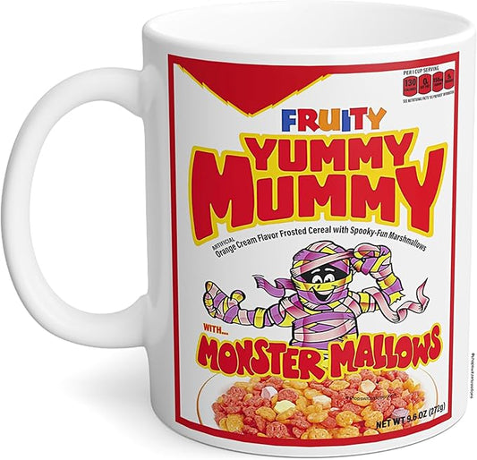 Yummy-Mummy Coffee Mug – Retro Cereal Monster Design, Ceramic, Microwave Dishwasher Safe, Perfect for Collectors Breakfast Lovers – Vintage Halloween Novelty 11 Oz White