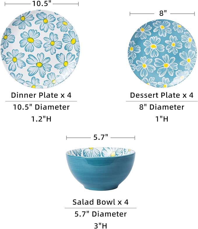 12-pieces Dinnerware Set Ceramic Dish Set Plates Sets Service for 4, Bowl Sets, Stoneware Dinnerware Sets, 12pcs Plate and Bowl Set for kitchen