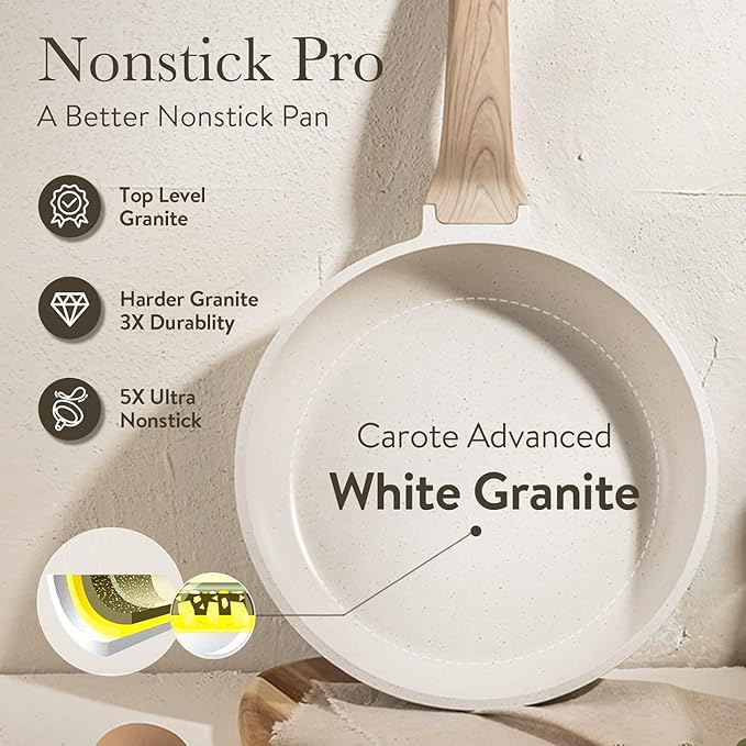 CAROTE Non Stick Frying Pan Skillet,10" Nonstick Fry Pan with Glass Lid, Egg Pan Omelet Pans, Granite Cookware PFOA Free White Granite, 10-Inch