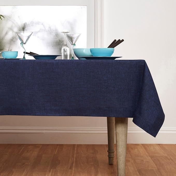 Solino Home Linen Tablecloth 60 x 132 Inch - 100% Pure Linen Chambray Navy Table Cloth for Rectangular Tables - Athena, Machine Washable Cloth Tablecloth for Winter, Spring