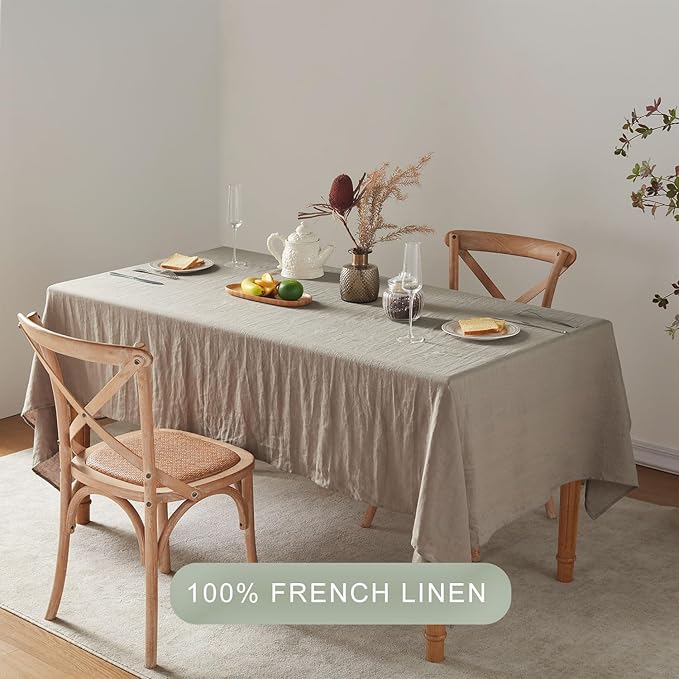 TOSMO 100% French Linen Tablecloth, Washable Farmhouse Rectangle Table Cloth for Kitchen, Dining, Party, Cocktail, Indoor and Outdoor Daily Use(52''x70'',Taupe)