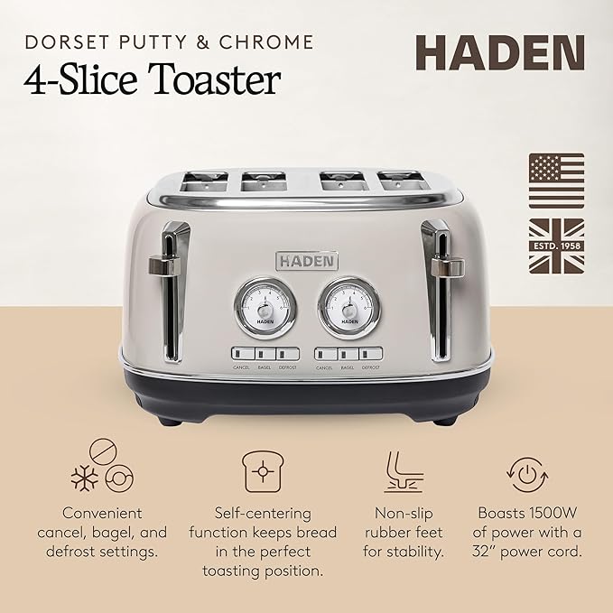 Haden Dorset 4-Slice Wide-Slot Toaster, Stainless-Steel Bread Toaster with Adjustable Browning Control, Crumb Tray & Non-Slip Feet, Putty & Chrome