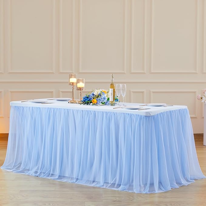 8ft Baby Blue Tulle Tablecloths for Rectangle Tables Light Blue 8 Foot Rectangular Table Cloth Wrinkle Free Table Cover with Tutu Skirt for Baby Shower Boy Birthday Party Banquet Buffet Cake