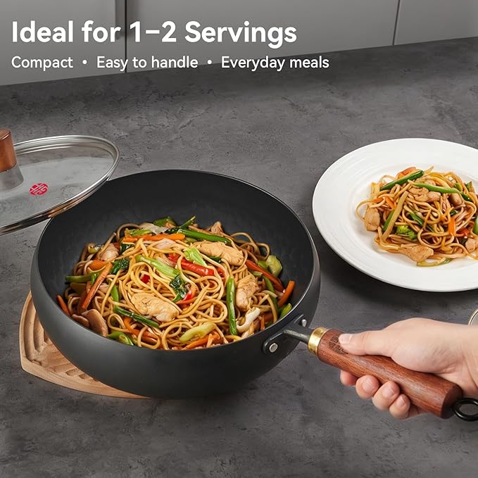 WANGYUANJI 9.5" Carbon Steel Wok - [Heavy-Duty & Thickened Base] - Deep Bowl Stir Fry Pan for Induction, Electric & Gas - Warp-Resistant, Splatter-Free Design with Lid (1-2 Person)
