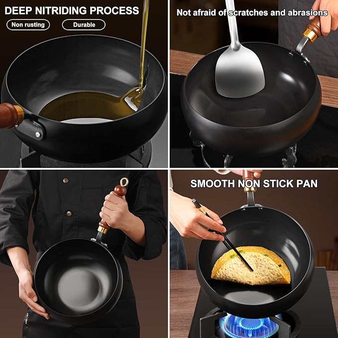 Carbon Steel Wok Pan, 10.2" Woks & Stir-Fry Pans with Wooden Lid Cookwares, Nonstick Wok Flat Bottom Small Handmade Chinese Wok For for All Stoves