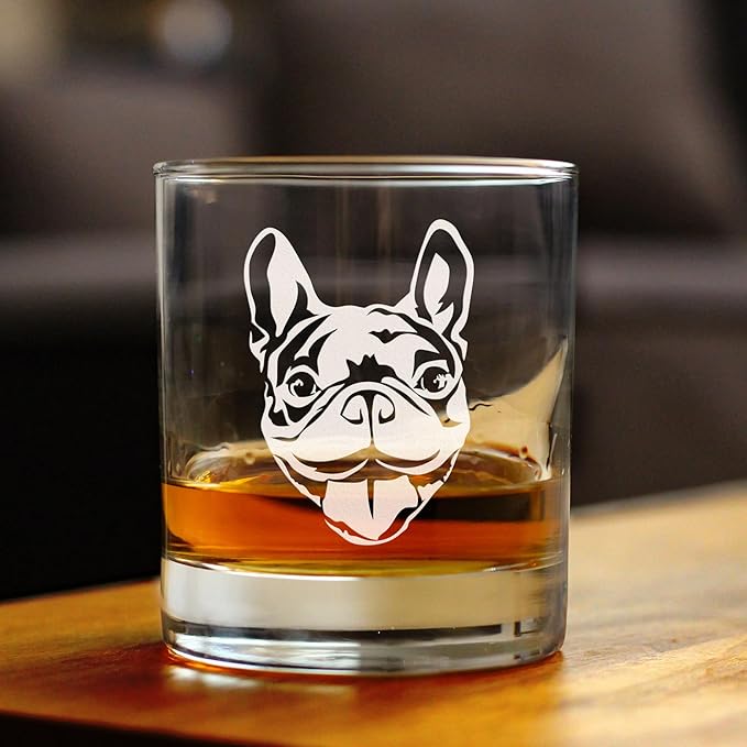 Custom Happy Frenchie - Whiskey Rocks Glass - Unique French Bulldog Themed Gifts or Party Decor for Women and Men - 10.25 Oz - Customized Glasses