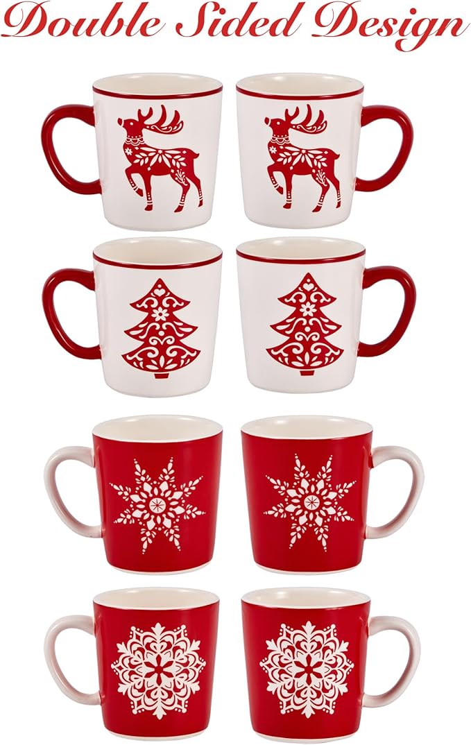 Bico Holly Jolly Ceramic Mug Set of 4, Christmas Coffee Mugs, 18oz Holiday Cups for Tea, Cocoa, or Hot Drinks, Microwave & Dishwasher Safe