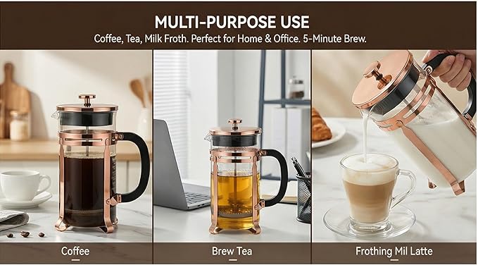 Coffee Maker304 Stainless Steel French Press with 4 Filter, Heat Resistant Durable, Borosilicate Glass Coffee Press, 100% BPA Teapot, 21 ounce, copper