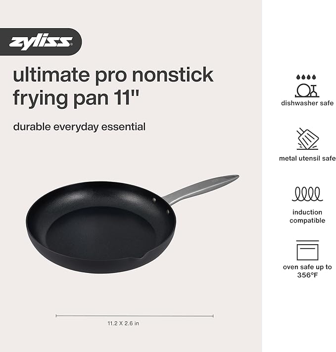 Zyliss Ultimate Pro Nonstick Frying Pan - Hard Anodized Frying Pan with Pour Spout - Non-Stick Stainless Steel Pan - Scratch-Resistant and Dishwasher-Safe Cookware - 11 inches