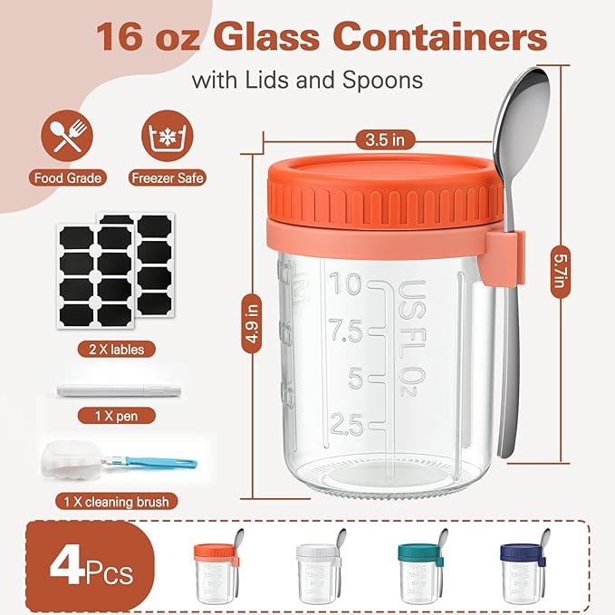 4 Pack Overnight Oats Containers with Lids and Spoons, 16 oz Airtight Oatmeal Container with Measurement Marks, Overnight Oats Jars for Cereal Fruit Vegetable Milk Salad Yogurt Meal Prep