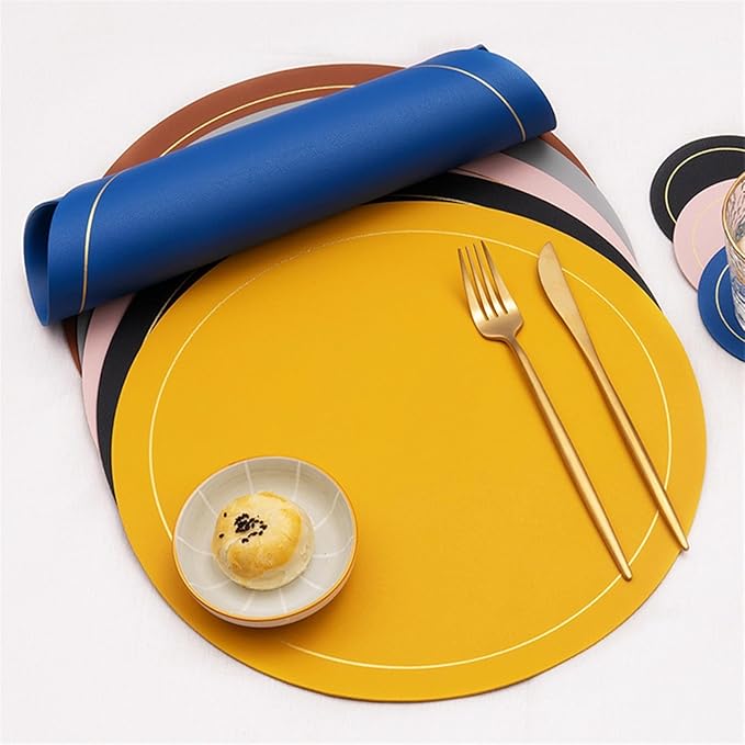 Luxury Round Faux Leather PU Placemat and Coaster for Easter Thanksgiving Year Party Home Decor Table Mat(GR Pink)
