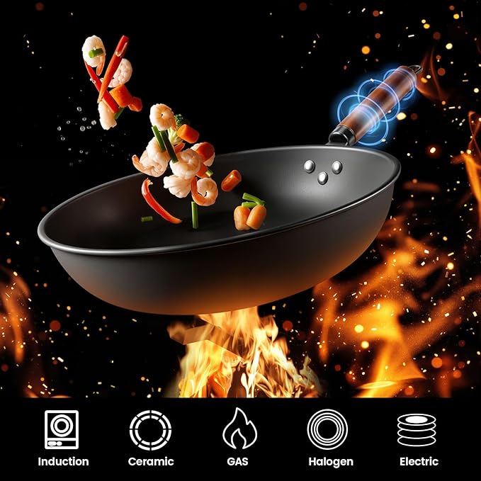 1700W 120V Wok Induction Cooktop,Non-Pulse Heating,16 Levels,18H Timer,13.4" Nitrided Carbon Steel Wok Set w/Lid&Steaming Rack,Round-Bottom Wok+ Flat Pan Compatible (<9"), Wok-Style Stir-Fry