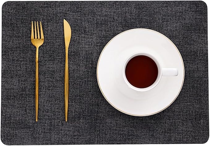 Nordic Style Western Placemat Double Layer Irregular Oil-Proof Heat Insulation Pad Hotel Leather PU Dinner Table Mat(Vin Dark Grey,44x30cm 4pcs)