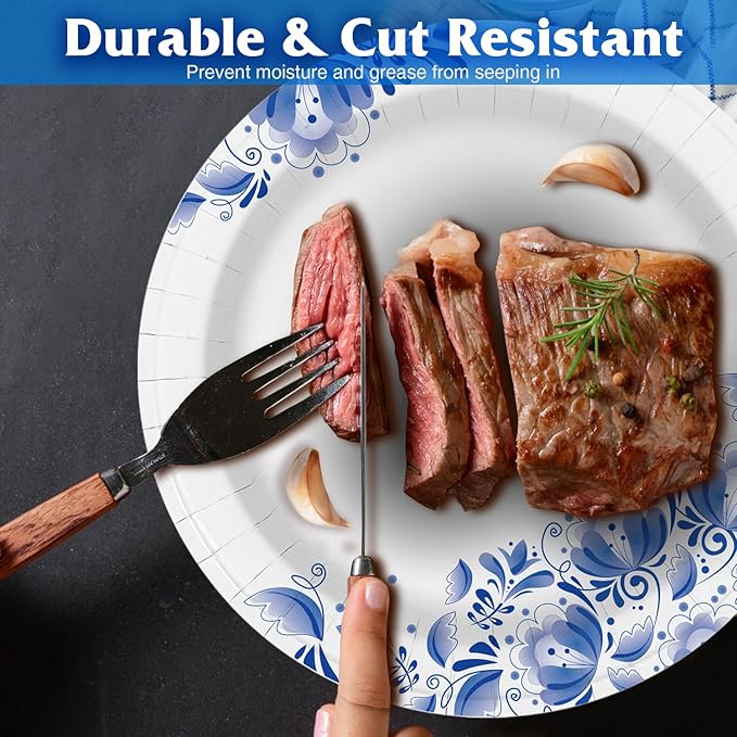 Charmount Paper Plates Bulk 8.5 Inch, 150pcs Disposable Plates, Blue Paper Plates for Parties and Daily Use, Soak Proof, Cut Proof, Flower Printed