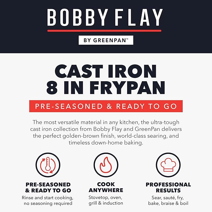 GreenPan x Bobby Flay 8” Cast Iron Pre-Seasoned Skillet with Helper Handle, Professional Grade Heavy Duty, Induction Suitable, Versatile Stovetop, Oven, BBQ, Fire & Grill, Indoor & Outdoor Use, Black