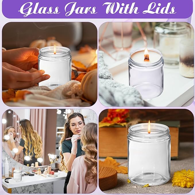 12 Pcs 8 oz Glass Jars with Lids, Clear Candle Jars with Black Lids Round Empty Candles Container Tins for Candle Making Storing Lotions Spice Powder Liquid Sample Makeup (Clear)
