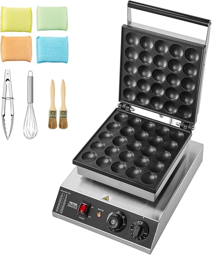 VEVOR Mini Dutch Pancake Maker, 25PCS 43mm Diameter Dorayaki Baker Machine, 1700W Commercial Electric Poffertjes Grill, Non-stick Stainless Steel, Temp & Time Control, for Home Kitchen Restaurant
