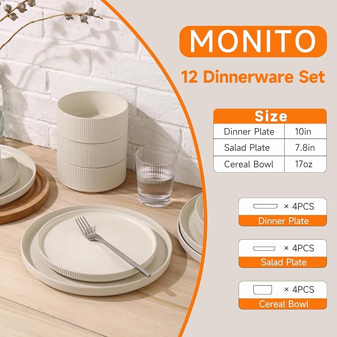 MONITO Ceramic Dinnerware Sets for 4, 12PCS Stoneware Plates and Bowls Sets, Reactive Glaze Dish Set, Chip and Scratch Resistant Double, Microwave and Dishwasher Safe, Matte White