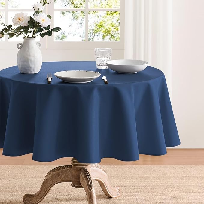 Faux Linen Tablecloths for Rectangle Tables, Burlap Textured Table Cloths Washable Farmhouse Table Cover Water Resistant for Dining, Wedding, Outdoor(Navy Blue, 60" Round)